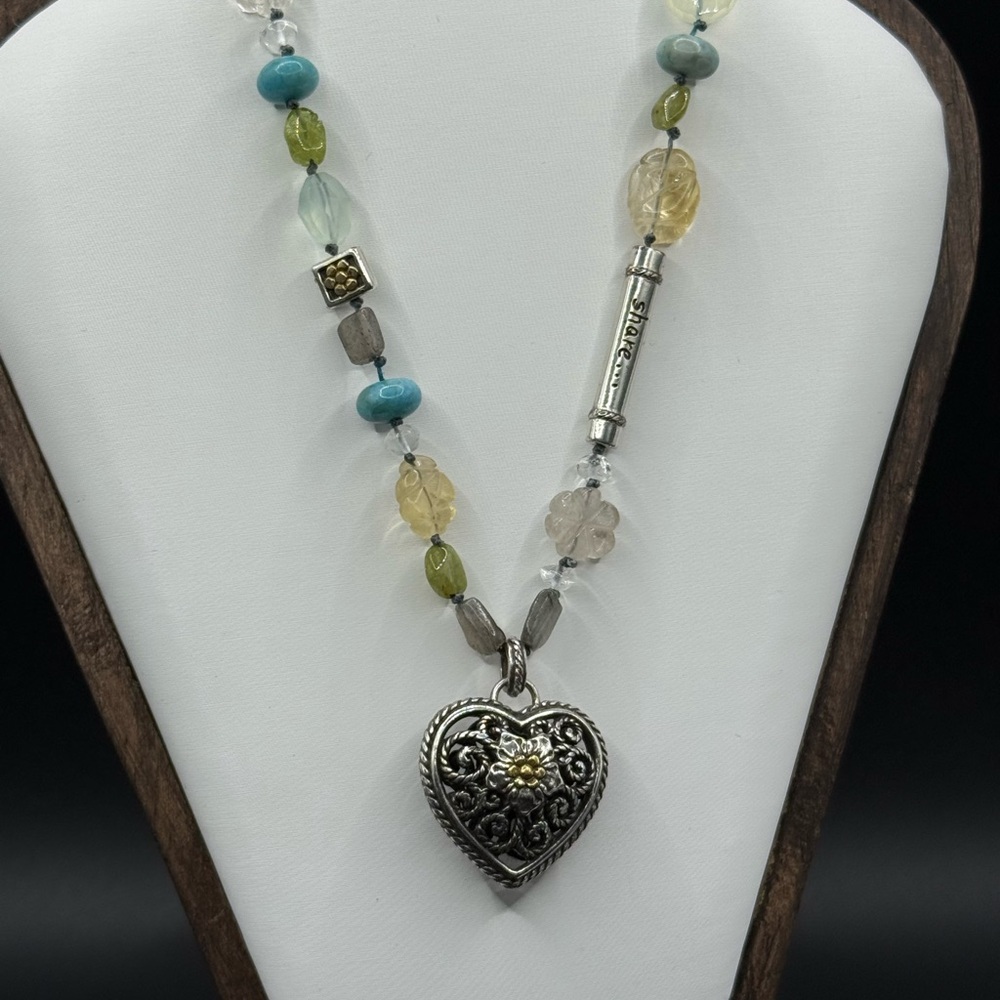 Brighton “American Hero” Silver Tone Heart Necklace, Semi-Precious Stones